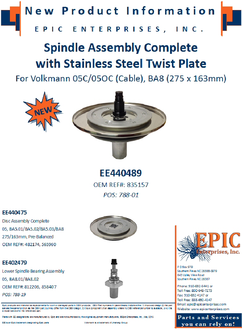 Spindle Assembly Complete with Stainless Steel Twist Plate for Volkmann 05C/05OC (Cable), BA8 (275 x 163mm)